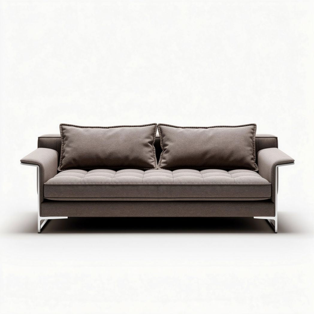Brown fabric sofa with chrome legs and two matching throw pillows 200 x 90 x 85cm