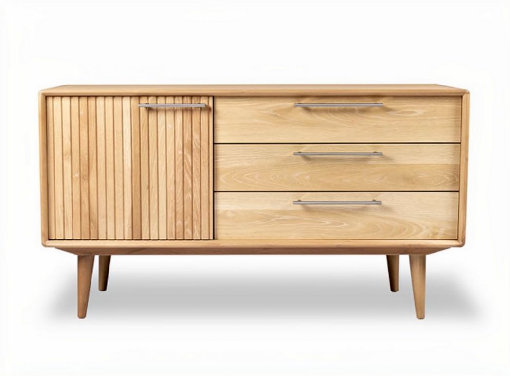 Natural wood sideboard with three drawers and one cabinet door 120 x 45 x 70cm