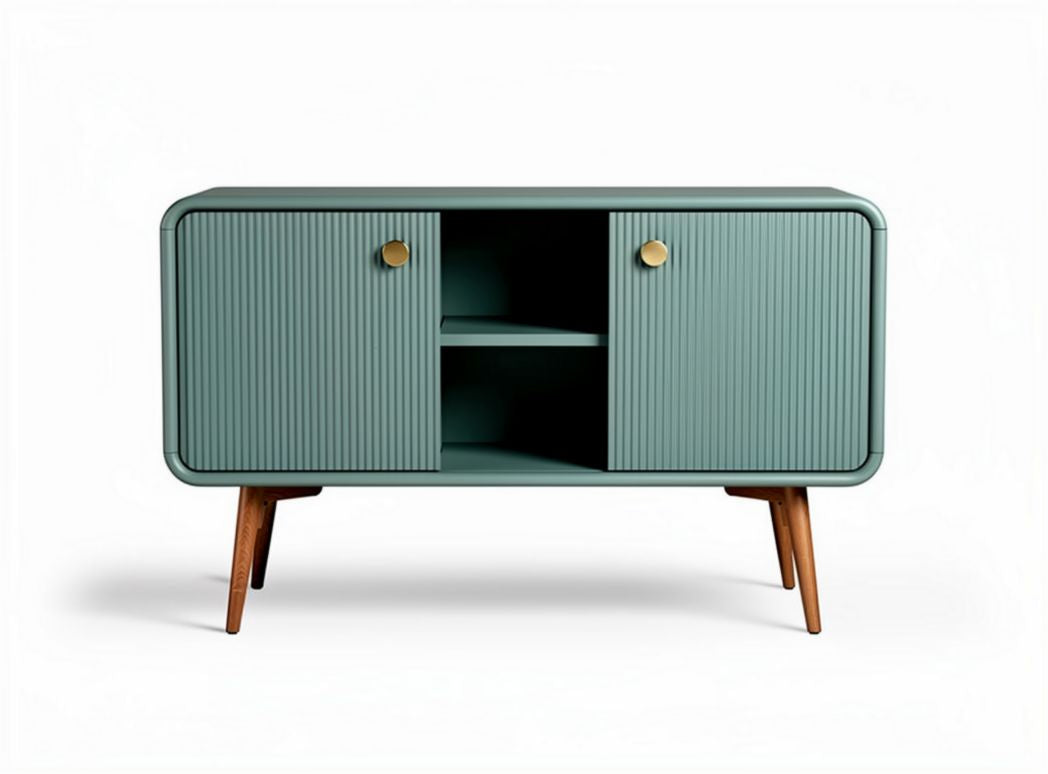 Green ribbed cabinet with two doors and wooden legs 120 x 40 x 70cm