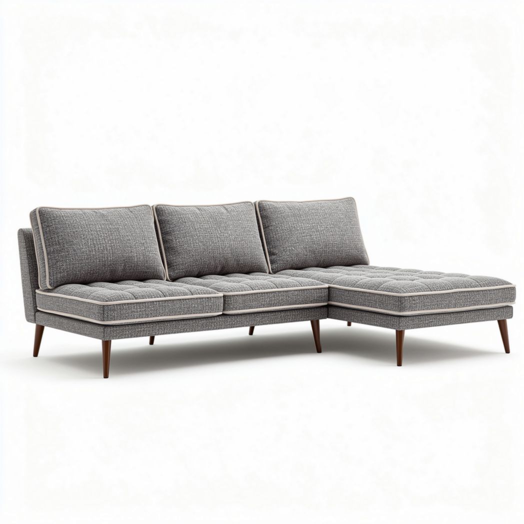 Gray fabric sectional sofa with wooden legs and tufted design 210 x 80 x 85cm
