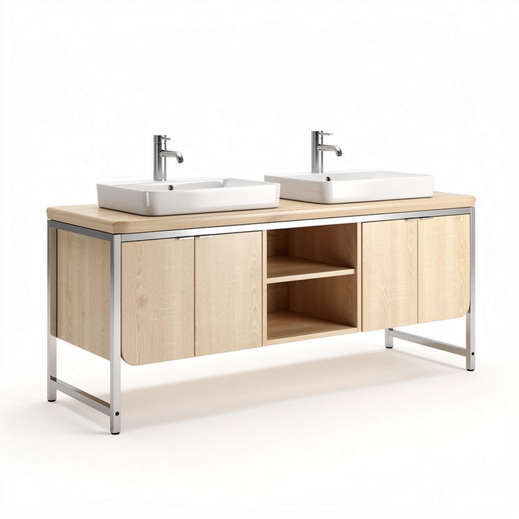 Double sink bathroom vanity with wooden cabinet and ceramic sinks 120 x 45 x 85cm