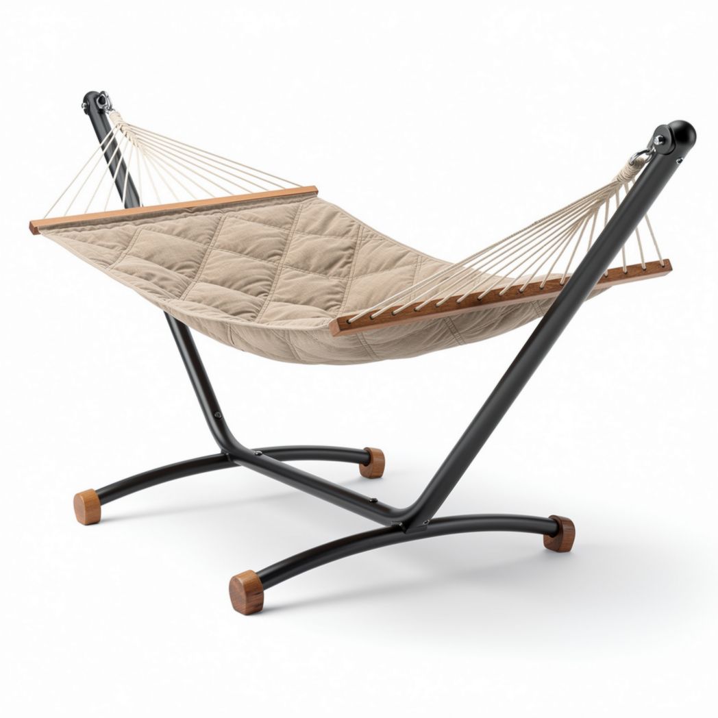 Cotton fabric hammock with stand and wooden accents for outdoor relaxation