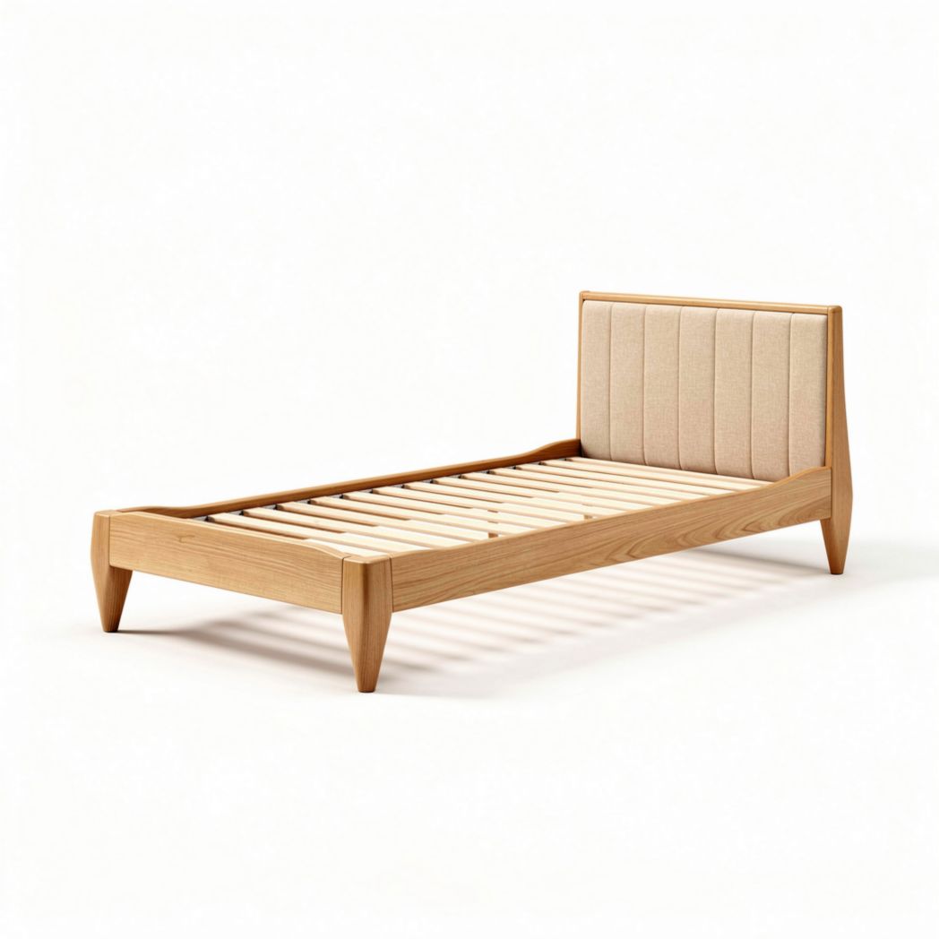 Wooden bed frame with upholstered headboard in natural finish 200 x 100 x 30cm