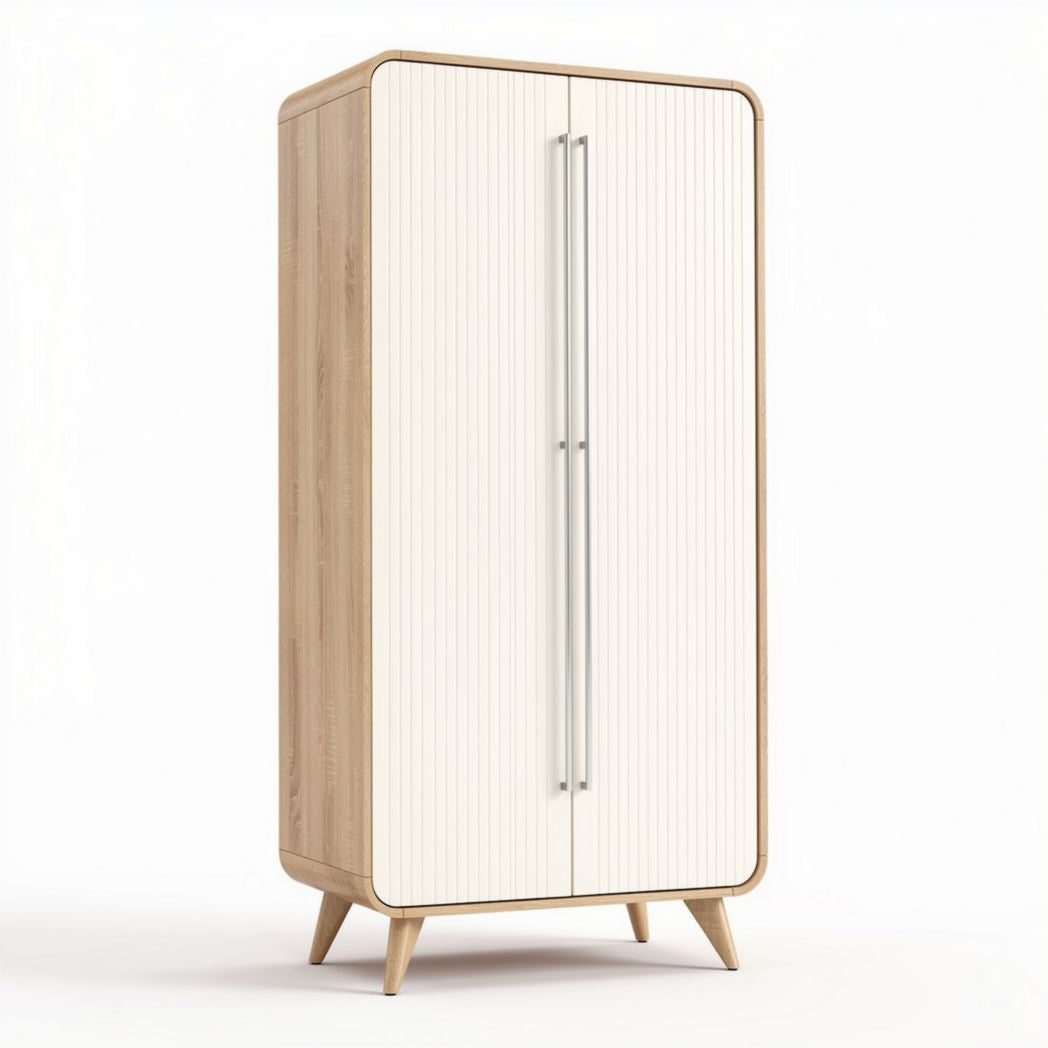 Two-door storage cabinet with wooden legs and white panel design 80 x 40 x 180cm