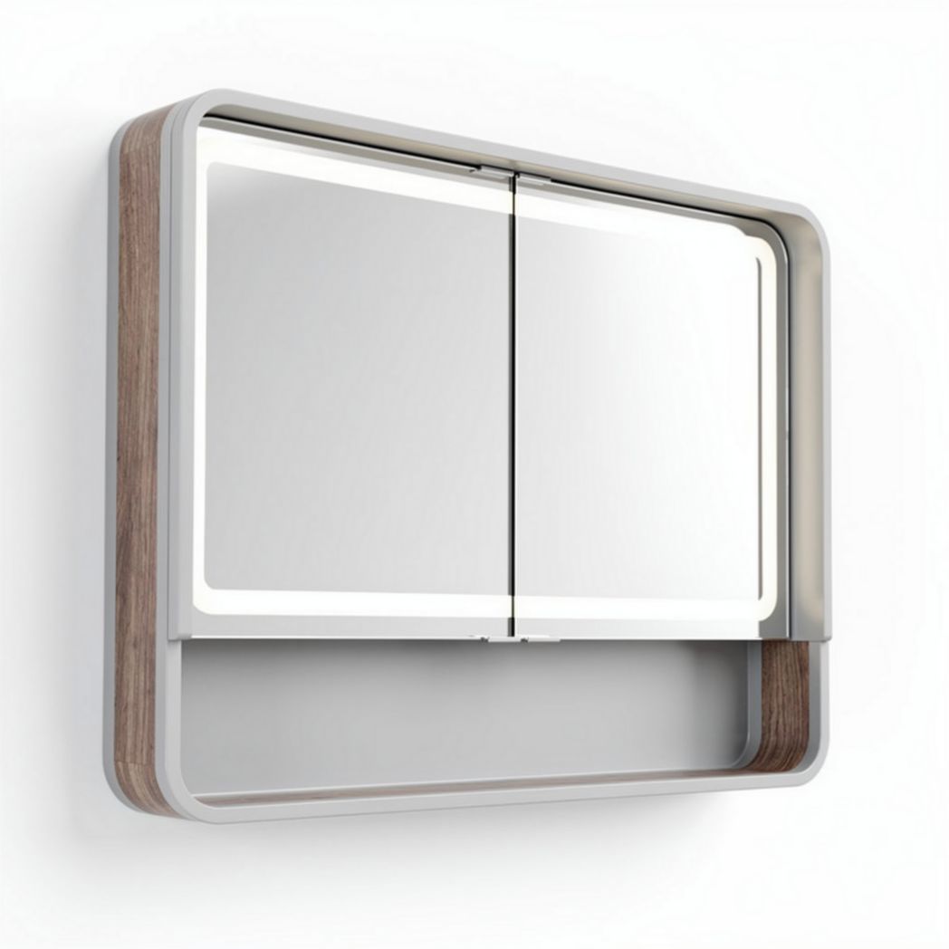 Wall-mounted mirror cabinet with LED light and wooden frame 60 x 40 x 15cm