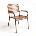 Wood slat patio chair with metal frame and armrests for outdoor use