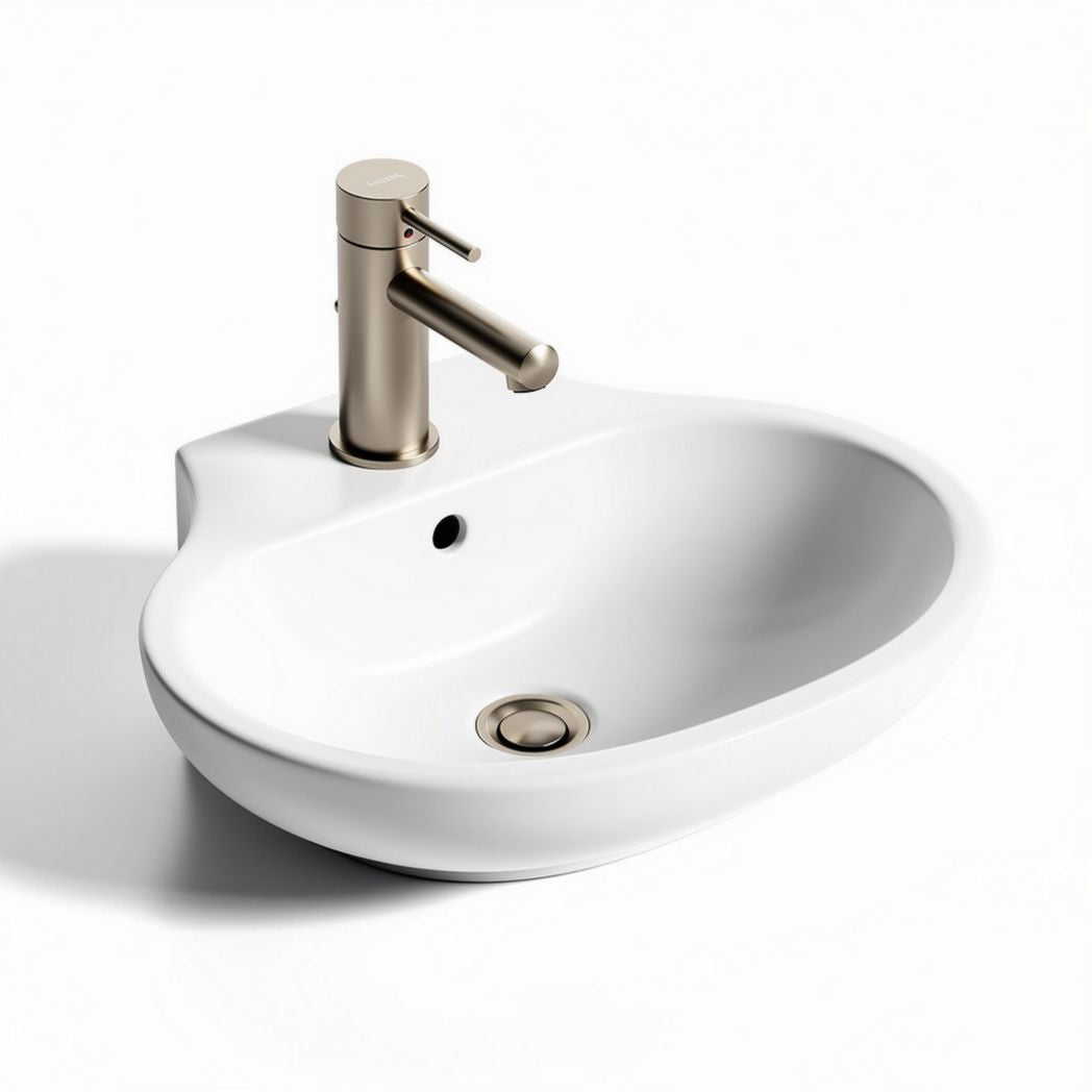 Wall-mounted ceramic sink with brushed nickel faucet and overflow 50 x 30 x 15cm