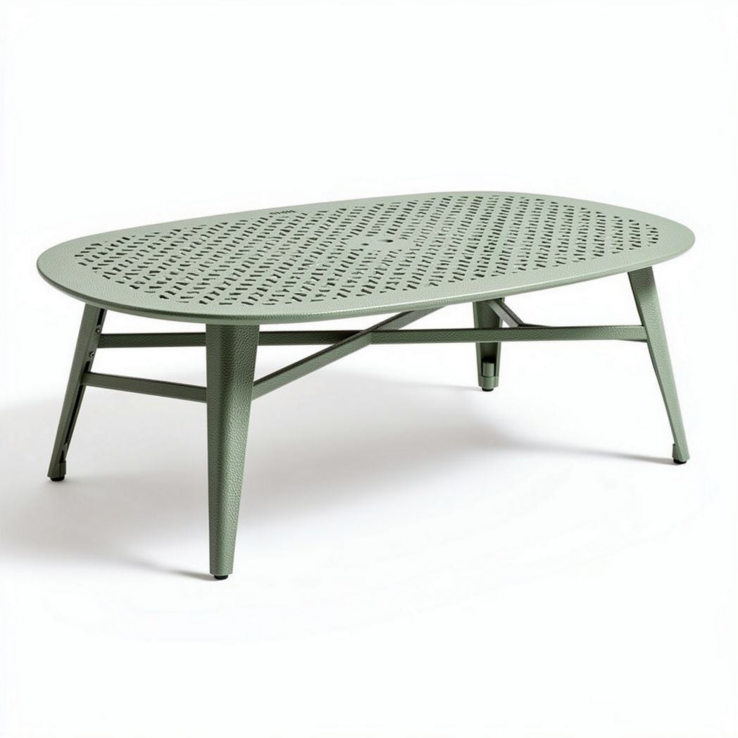 Metal oval coffee table with perforated design in green 120 x 80 x 40cm