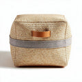 Woven straw storage basket with leather handle and gray strap 30 x 30 x 20cm