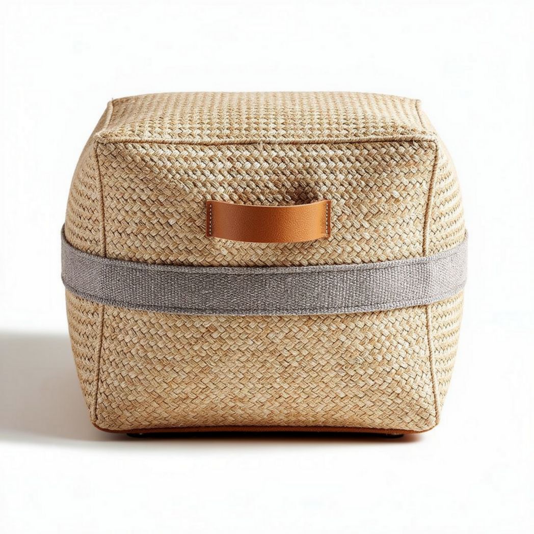 Woven straw storage basket with leather handle and gray strap 30 x 30 x 20cm
