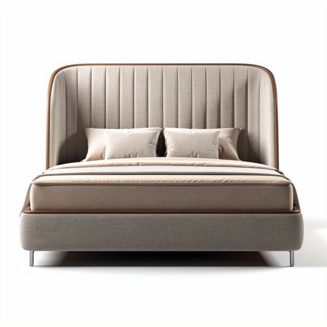 Fabric upholstered bed frame with padded headboard in beige 200 x 160 x 100cm