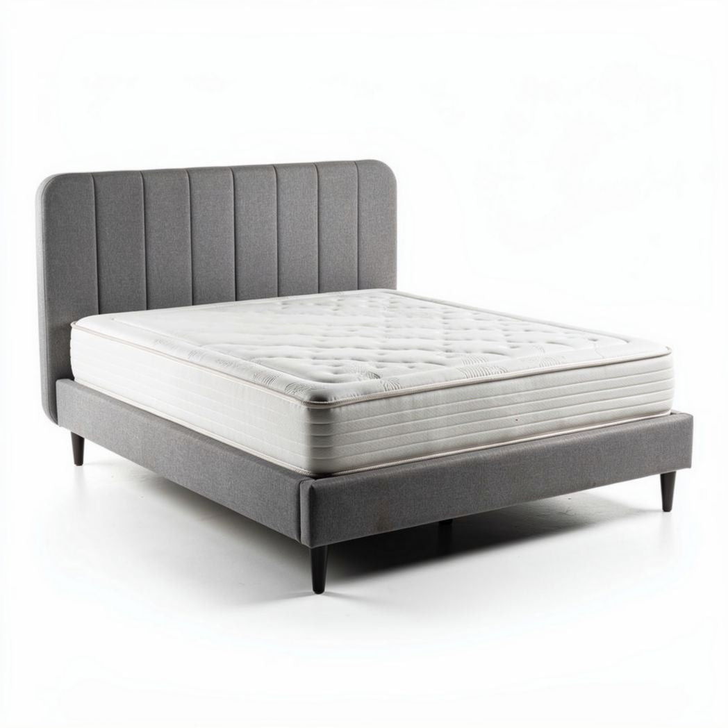Upholstered grey bed frame with mattress support in standard queen size