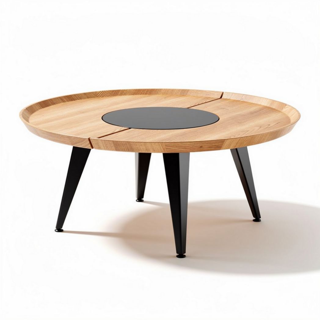 Wooden coffee table with black metal legs and circular top design 100 x 100 x 40cm